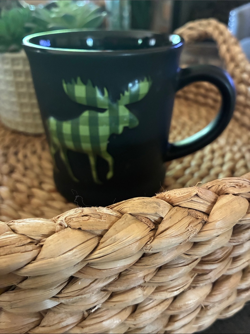 Jackson Hole Ceramic Mug Green Plaid Moose Graphic 16 oz.